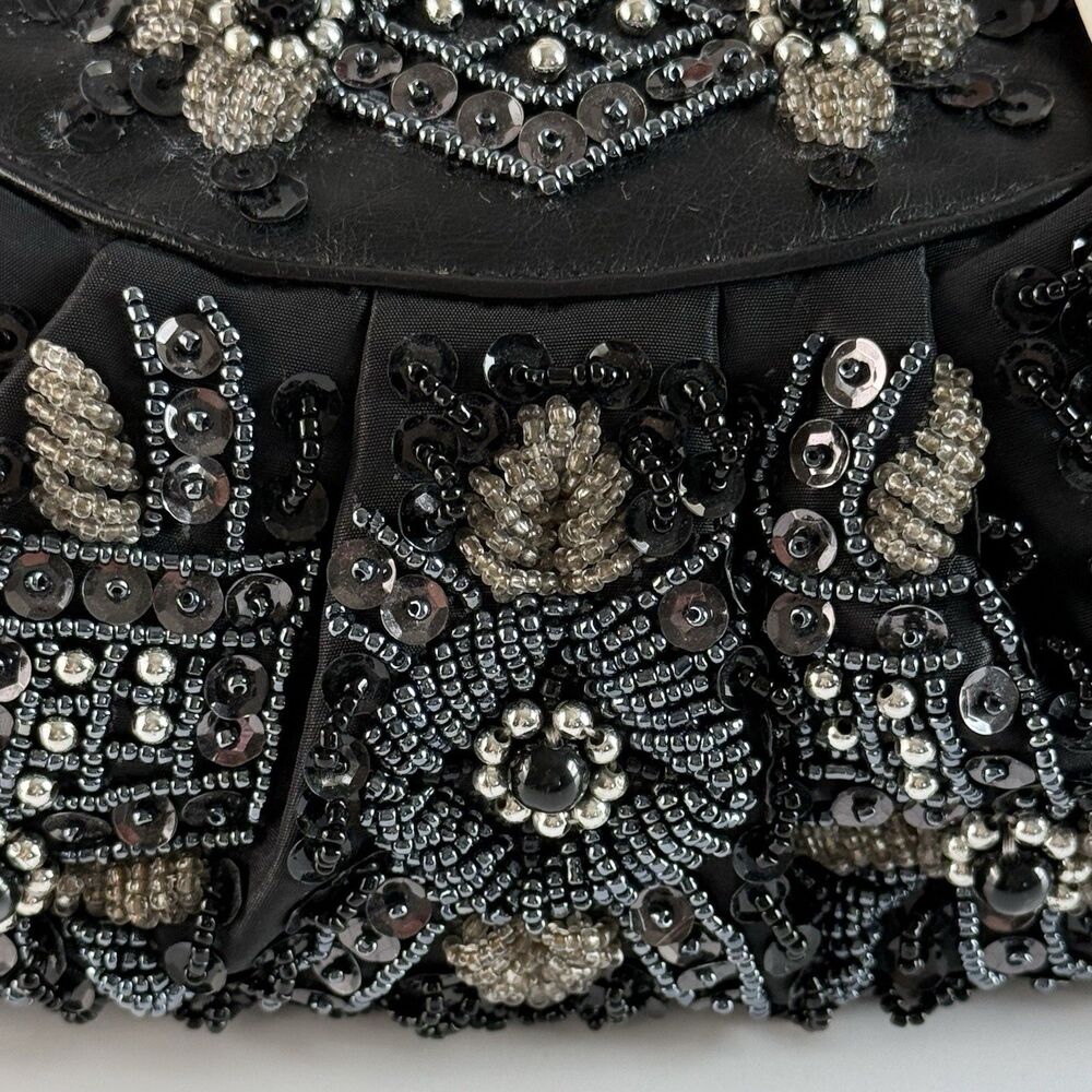 LEXI Int'l Black Satin Sequin Beaded Tortoise Handled Evening Clutch Purse Retro - Picture 2 of 13